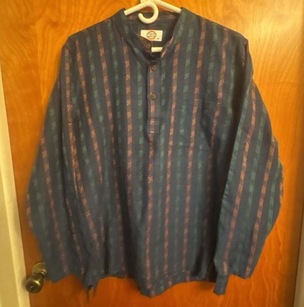 Organic Kurtha Size M Blue Striped Cotton Long Sleeve Shirt